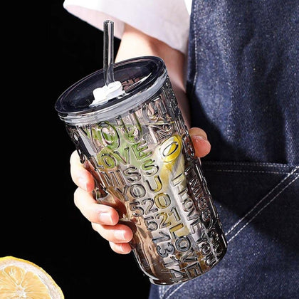 3D Love Print Glass Tumbler Bottle With Straw (Black) TheQuirkyQuest