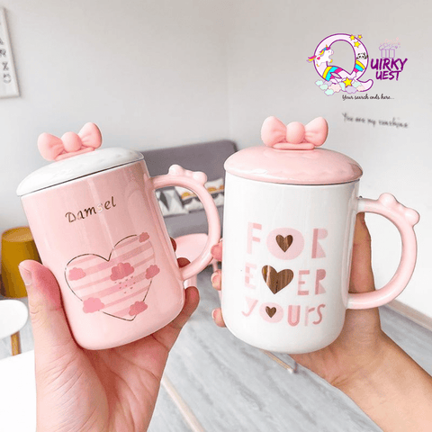 Cute Bow Ceramic Mug with Spoon and Lid TheQuirkyQuest